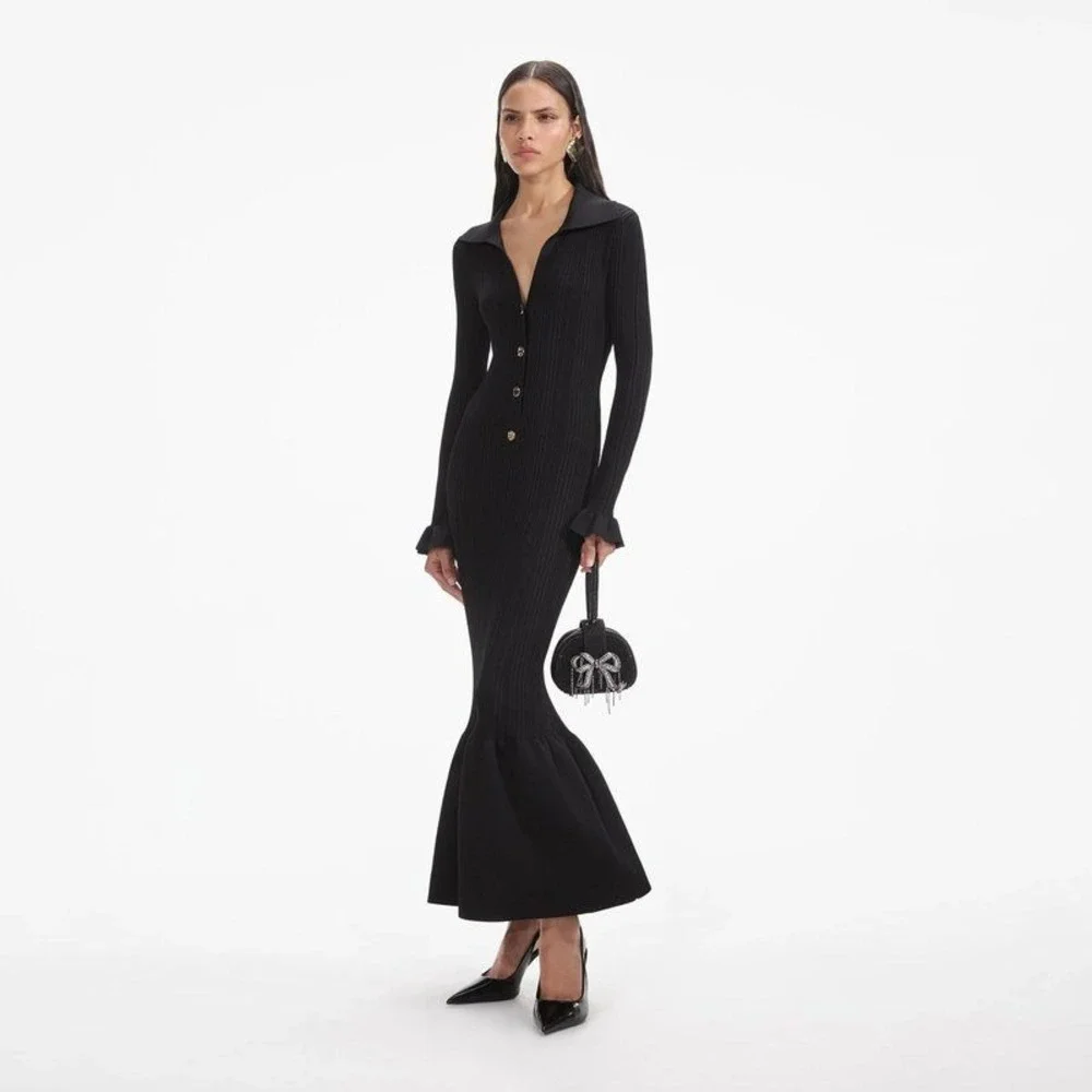 NWT Self-Portrait Black Ribbed Knit Fluted Midi Dress $555 - Size Small - Picture 4 of 16